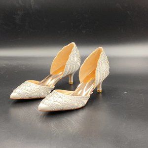 XYD White Chic Pointed Toe Low Heel D'Orsay Rhinestone Studs Pumps Wedding Shoes